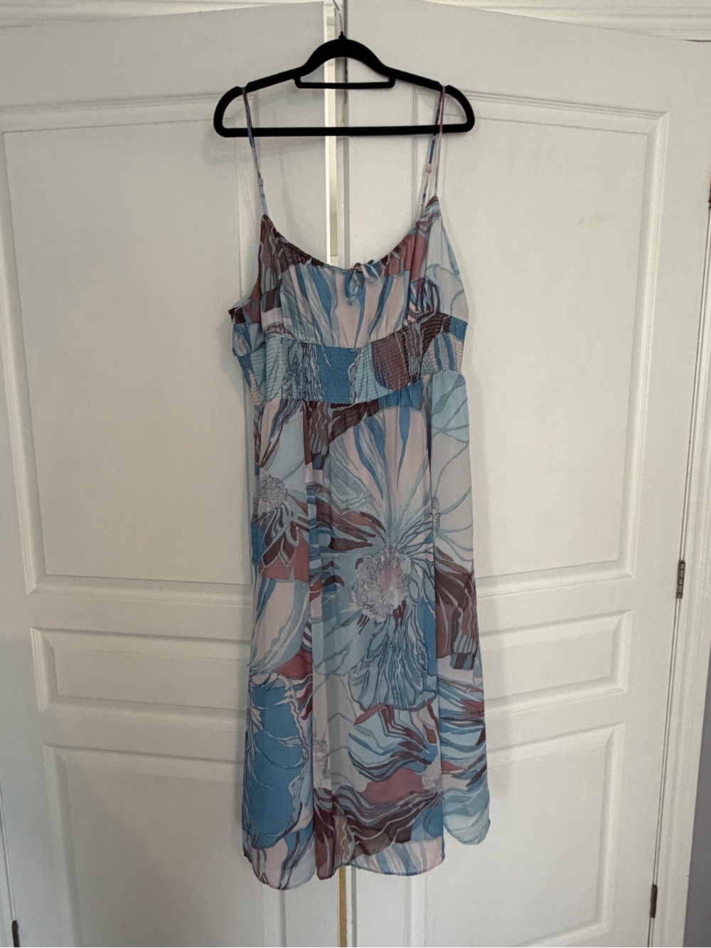 Wilfred Sheer Floral Slip Midi Dress in Blue, Pink and Brown